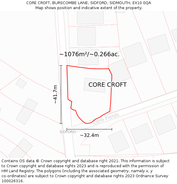 CORE CROFT, BURSCOMBE LANE, SIDFORD, SIDMOUTH, EX10 0QA: Plot and title map