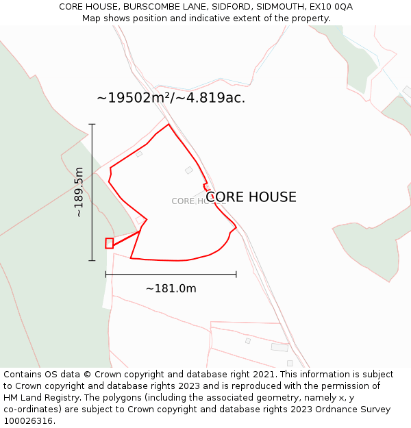 CORE HOUSE, BURSCOMBE LANE, SIDFORD, SIDMOUTH, EX10 0QA: Plot and title map