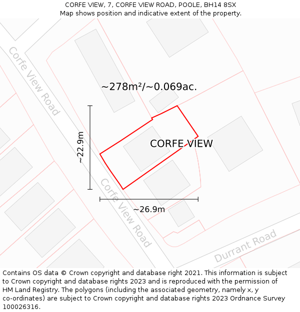 CORFE VIEW, 7, CORFE VIEW ROAD, POOLE, BH14 8SX: Plot and title map