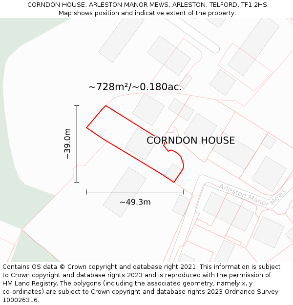 CORNDON HOUSE, ARLESTON MANOR MEWS, ARLESTON, TELFORD, TF1 2HS: Plot and title map
