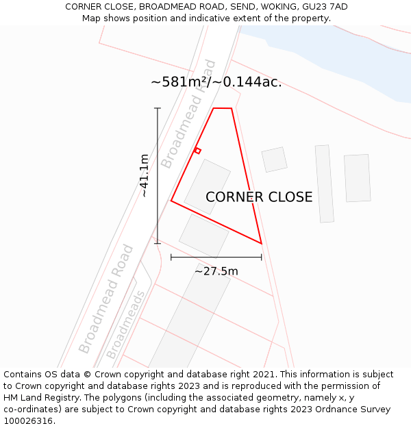 CORNER CLOSE, BROADMEAD ROAD, SEND, WOKING, GU23 7AD: Plot and title map