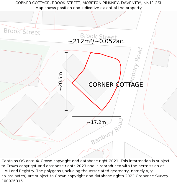 CORNER COTTAGE, BROOK STREET, MORETON PINKNEY, DAVENTRY, NN11 3SL: Plot and title map