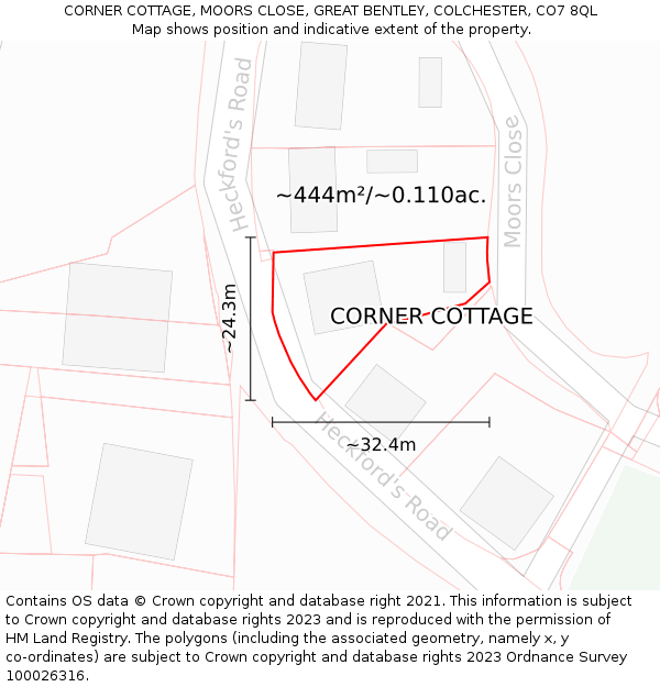 CORNER COTTAGE, MOORS CLOSE, GREAT BENTLEY, COLCHESTER, CO7 8QL: Plot and title map