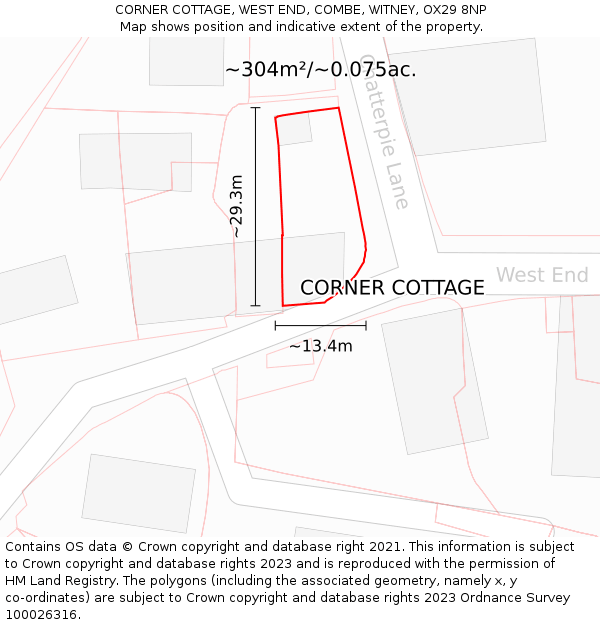 CORNER COTTAGE, WEST END, COMBE, WITNEY, OX29 8NP: Plot and title map