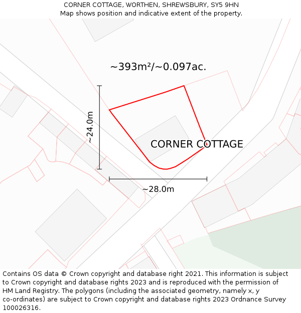 CORNER COTTAGE, WORTHEN, SHREWSBURY, SY5 9HN: Plot and title map