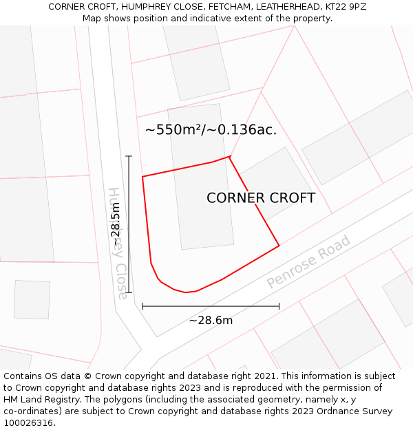 CORNER CROFT, HUMPHREY CLOSE, FETCHAM, LEATHERHEAD, KT22 9PZ: Plot and title map