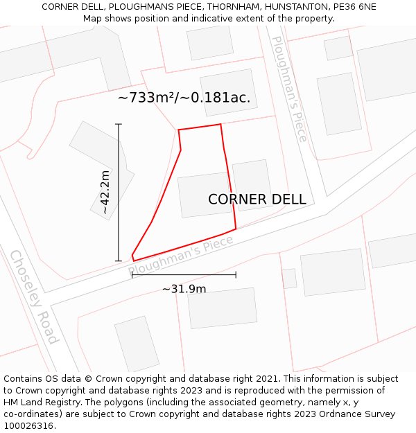 CORNER DELL, PLOUGHMANS PIECE, THORNHAM, HUNSTANTON, PE36 6NE: Plot and title map