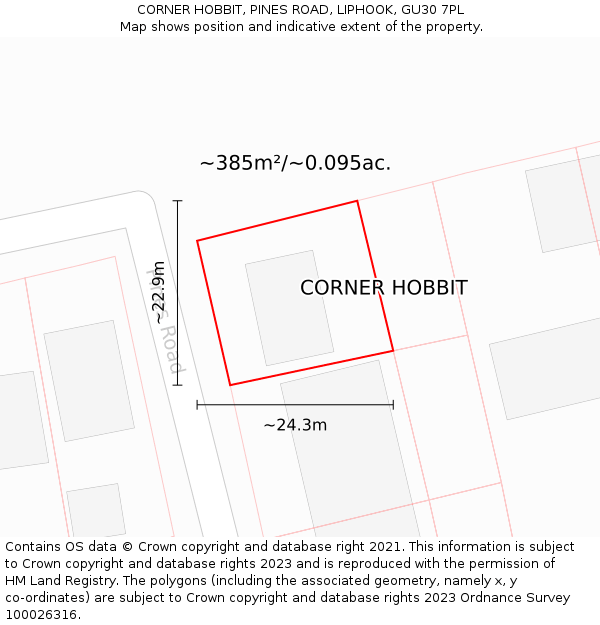 CORNER HOBBIT, PINES ROAD, LIPHOOK, GU30 7PL: Plot and title map