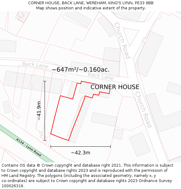 CORNER HOUSE, BACK LANE, WEREHAM, KING'S LYNN, PE33 9BB: Plot and title map