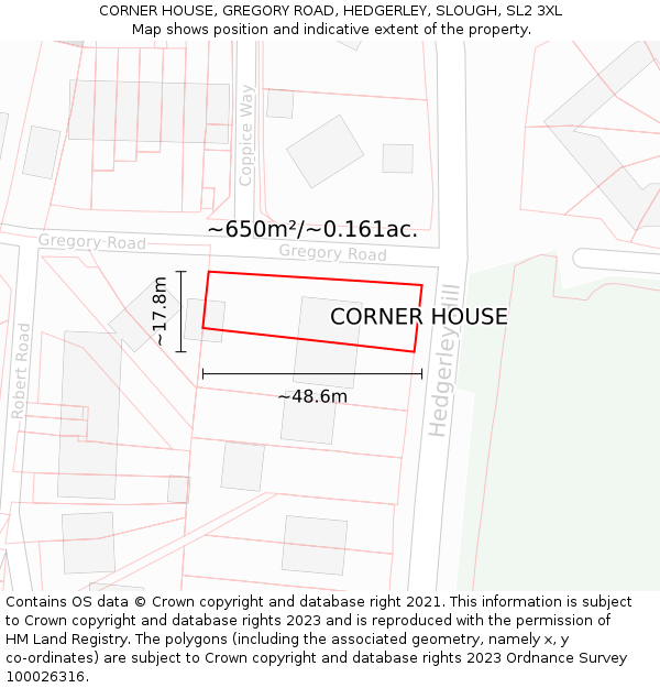 CORNER HOUSE, GREGORY ROAD, HEDGERLEY, SLOUGH, SL2 3XL: Plot and title map