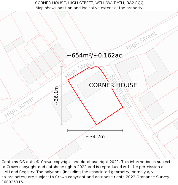 CORNER HOUSE, HIGH STREET, WELLOW, BATH, BA2 8QQ: Plot and title map