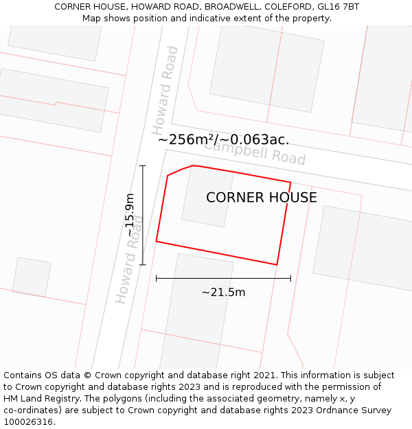CORNER HOUSE, HOWARD ROAD, BROADWELL, COLEFORD, GL16 7BT: Plot and title map
