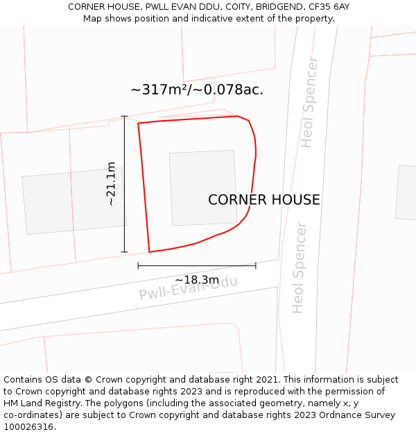 CORNER HOUSE, PWLL EVAN DDU, COITY, BRIDGEND, CF35 6AY: Plot and title map