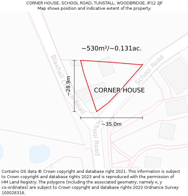 CORNER HOUSE, SCHOOL ROAD, TUNSTALL, WOODBRIDGE, IP12 2JF: Plot and title map