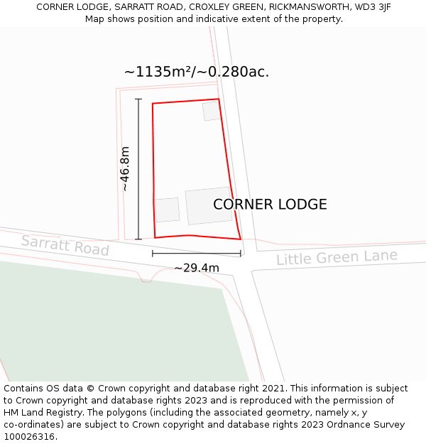 CORNER LODGE, SARRATT ROAD, CROXLEY GREEN, RICKMANSWORTH, WD3 3JF: Plot and title map