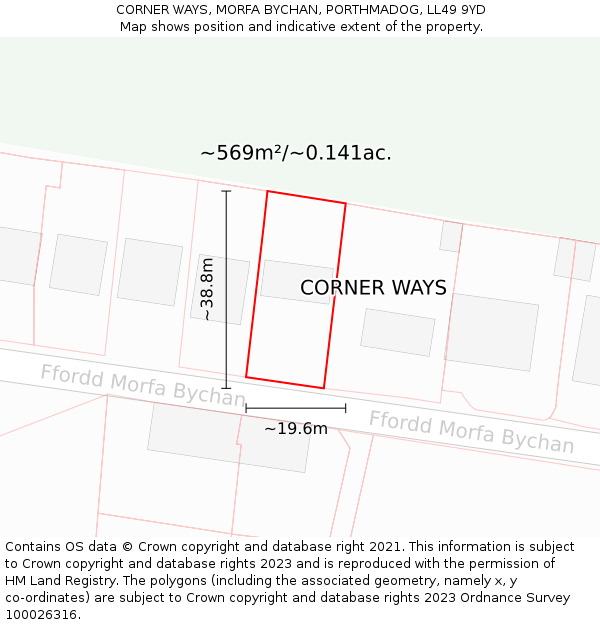 CORNER WAYS, MORFA BYCHAN, PORTHMADOG, LL49 9YD: Plot and title map