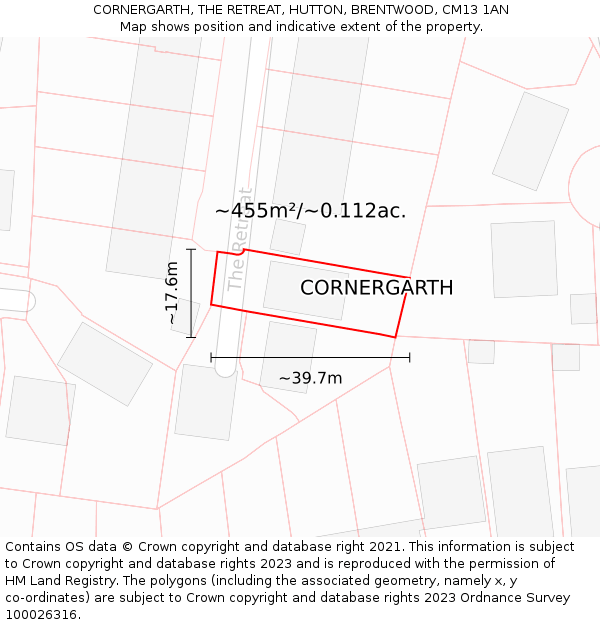 CORNERGARTH, THE RETREAT, HUTTON, BRENTWOOD, CM13 1AN: Plot and title map