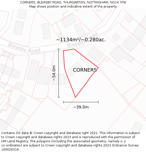 CORNERS, BLEASBY ROAD, THURGARTON, NOTTINGHAM, NG14 7FW: Plot and title map