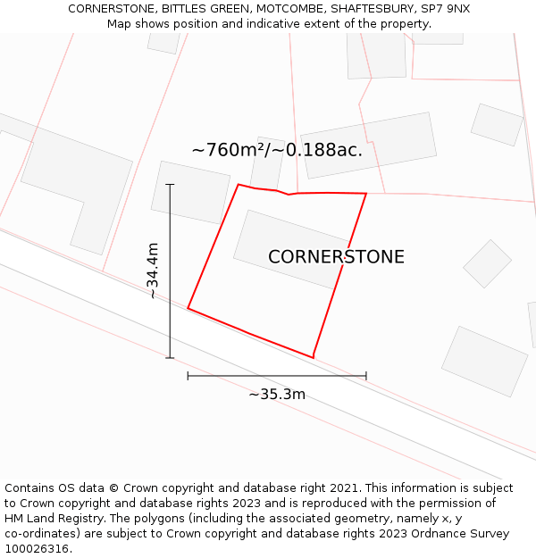 CORNERSTONE, BITTLES GREEN, MOTCOMBE, SHAFTESBURY, SP7 9NX: Plot and title map