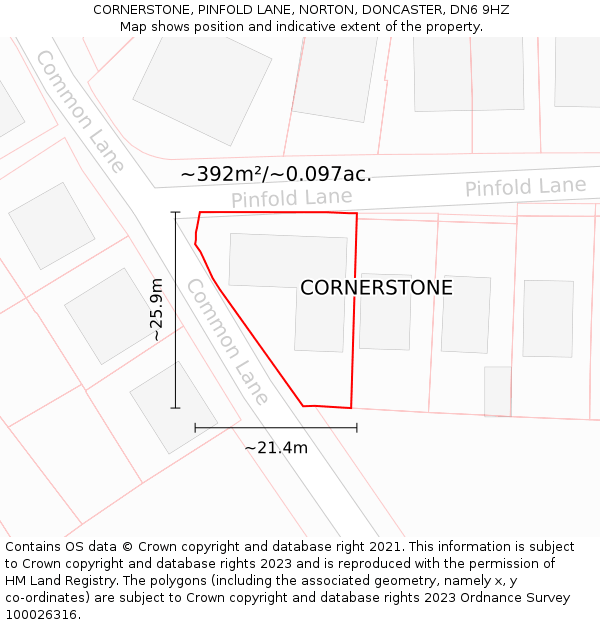 CORNERSTONE, PINFOLD LANE, NORTON, DONCASTER, DN6 9HZ: Plot and title map