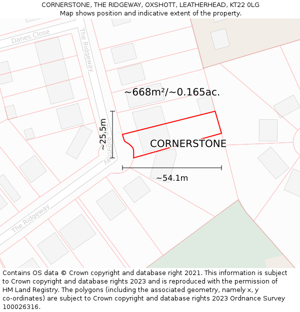 CORNERSTONE, THE RIDGEWAY, OXSHOTT, LEATHERHEAD, KT22 0LG: Plot and title map