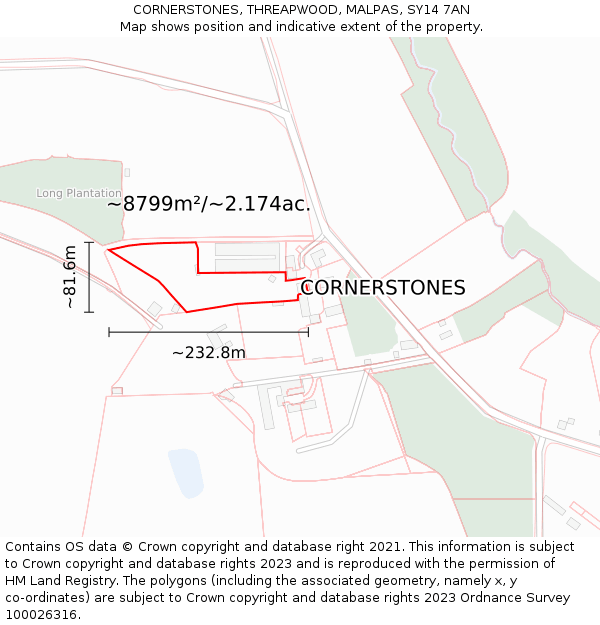 CORNERSTONES, THREAPWOOD, MALPAS, SY14 7AN: Plot and title map