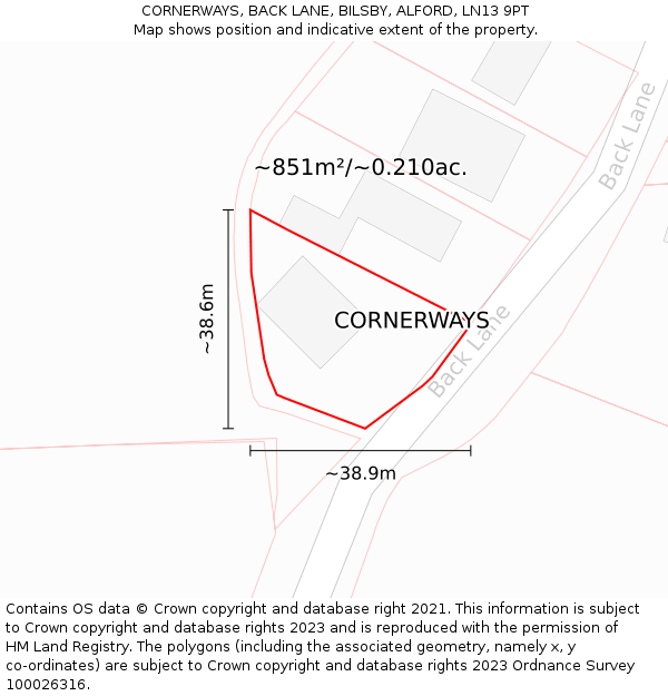 CORNERWAYS, BACK LANE, BILSBY, ALFORD, LN13 9PT: Plot and title map