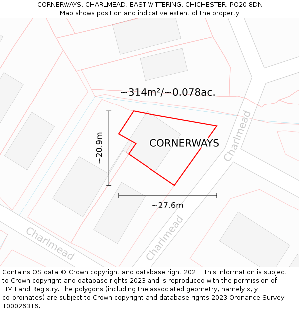 CORNERWAYS, CHARLMEAD, EAST WITTERING, CHICHESTER, PO20 8DN: Plot and title map