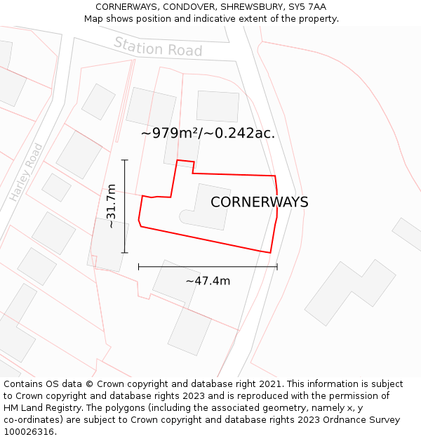 CORNERWAYS, CONDOVER, SHREWSBURY, SY5 7AA: Plot and title map