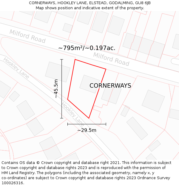 CORNERWAYS, HOOKLEY LANE, ELSTEAD, GODALMING, GU8 6JB: Plot and title map