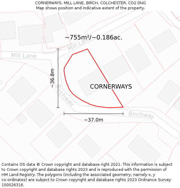 CORNERWAYS, MILL LANE, BIRCH, COLCHESTER, CO2 0NG: Plot and title map