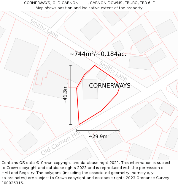 CORNERWAYS, OLD CARNON HILL, CARNON DOWNS, TRURO, TR3 6LE: Plot and title map
