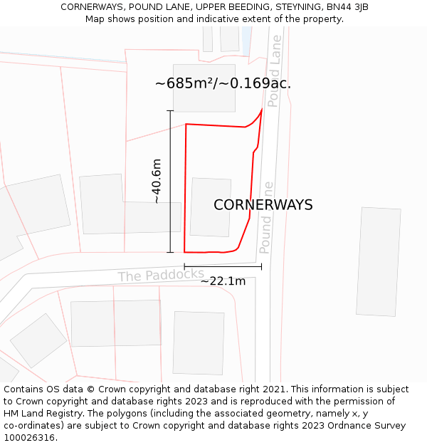 CORNERWAYS, POUND LANE, UPPER BEEDING, STEYNING, BN44 3JB: Plot and title map