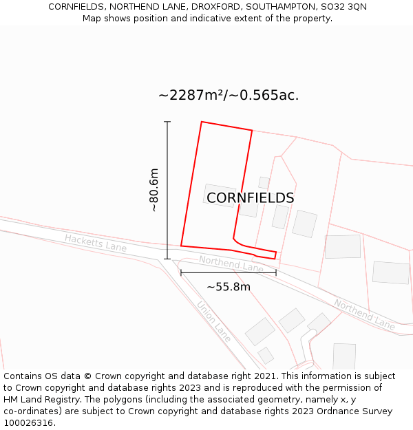 CORNFIELDS, NORTHEND LANE, DROXFORD, SOUTHAMPTON, SO32 3QN: Plot and title map