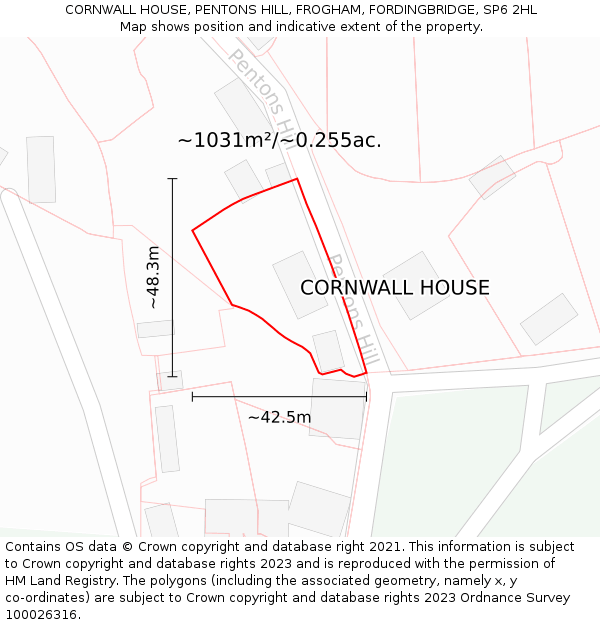CORNWALL HOUSE, PENTONS HILL, FROGHAM, FORDINGBRIDGE, SP6 2HL: Plot and title map