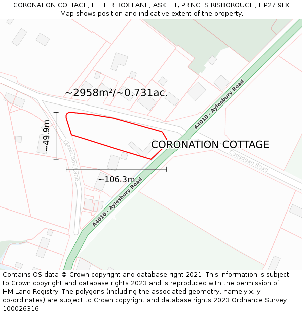 CORONATION COTTAGE, LETTER BOX LANE, ASKETT, PRINCES RISBOROUGH, HP27 9LX: Plot and title map