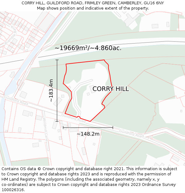 CORRY HILL, GUILDFORD ROAD, FRIMLEY GREEN, CAMBERLEY, GU16 6NY: Plot and title map