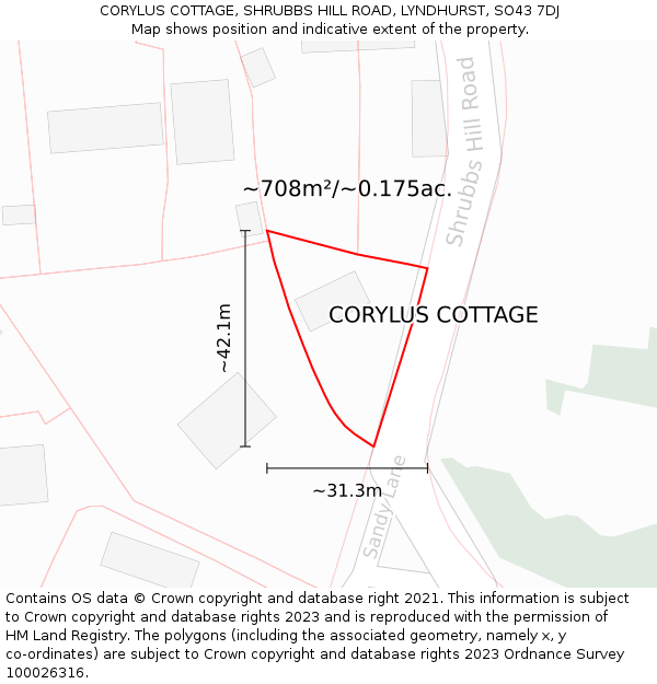 CORYLUS COTTAGE, SHRUBBS HILL ROAD, LYNDHURST, SO43 7DJ: Plot and title map