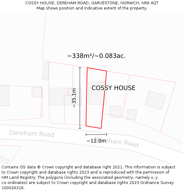 COSSY HOUSE, DEREHAM ROAD, GARVESTONE, NORWICH, NR9 4QT: Plot and title map
