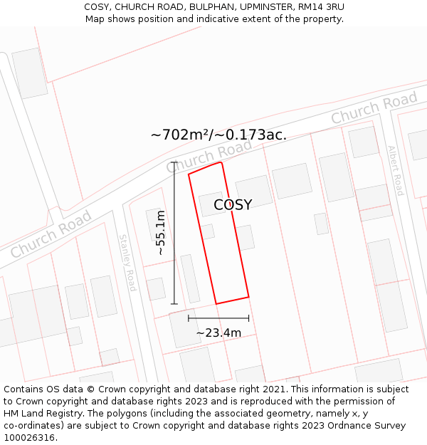 COSY, CHURCH ROAD, BULPHAN, UPMINSTER, RM14 3RU: Plot and title map