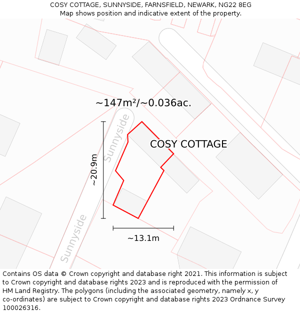 COSY COTTAGE, SUNNYSIDE, FARNSFIELD, NEWARK, NG22 8EG: Plot and title map
