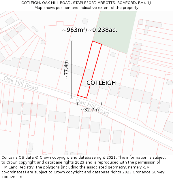COTLEIGH, OAK HILL ROAD, STAPLEFORD ABBOTTS, ROMFORD, RM4 1JL: Plot and title map