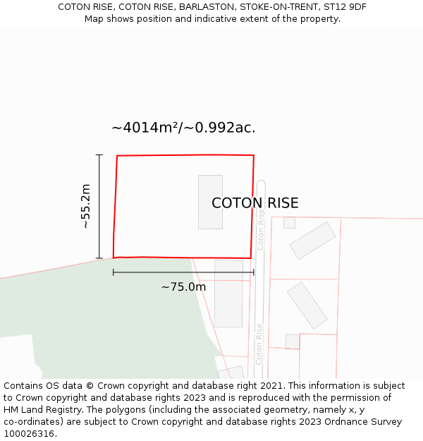 COTON RISE, COTON RISE, BARLASTON, STOKE-ON-TRENT, ST12 9DF: Plot and title map