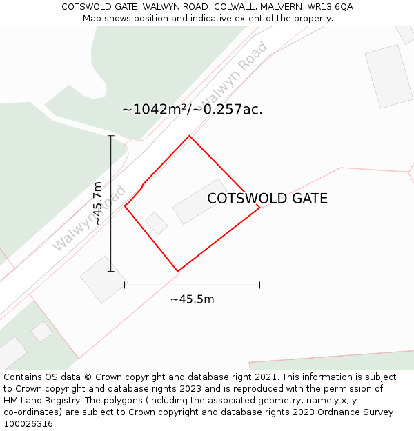 COTSWOLD GATE, WALWYN ROAD, COLWALL, MALVERN, WR13 6QA: Plot and title map