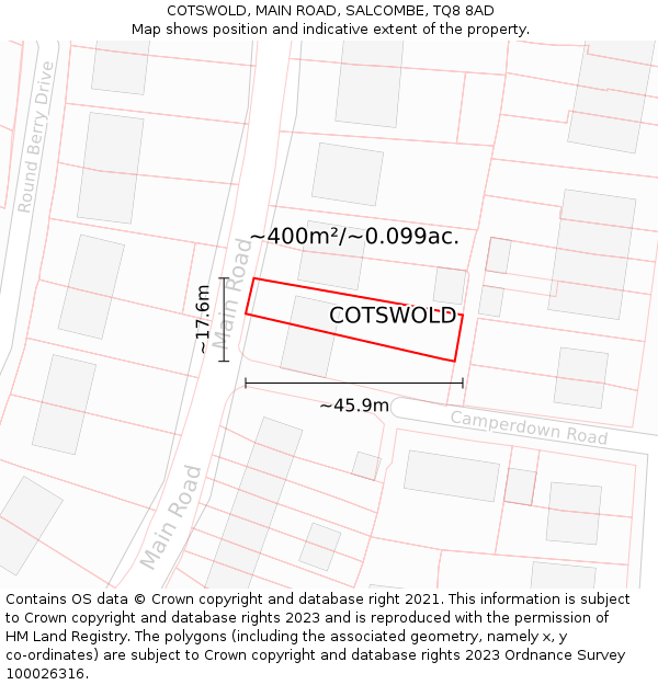 COTSWOLD, MAIN ROAD, SALCOMBE, TQ8 8AD: Plot and title map