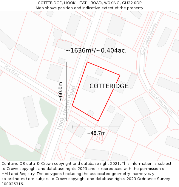 COTTERIDGE, HOOK HEATH ROAD, WOKING, GU22 0DP: Plot and title map