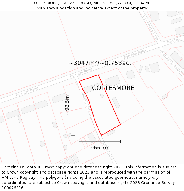 COTTESMORE, FIVE ASH ROAD, MEDSTEAD, ALTON, GU34 5EH: Plot and title map