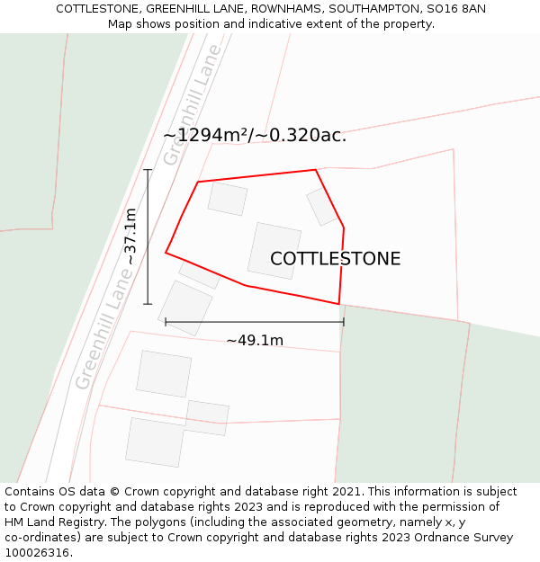COTTLESTONE, GREENHILL LANE, ROWNHAMS, SOUTHAMPTON, SO16 8AN: Plot and title map
