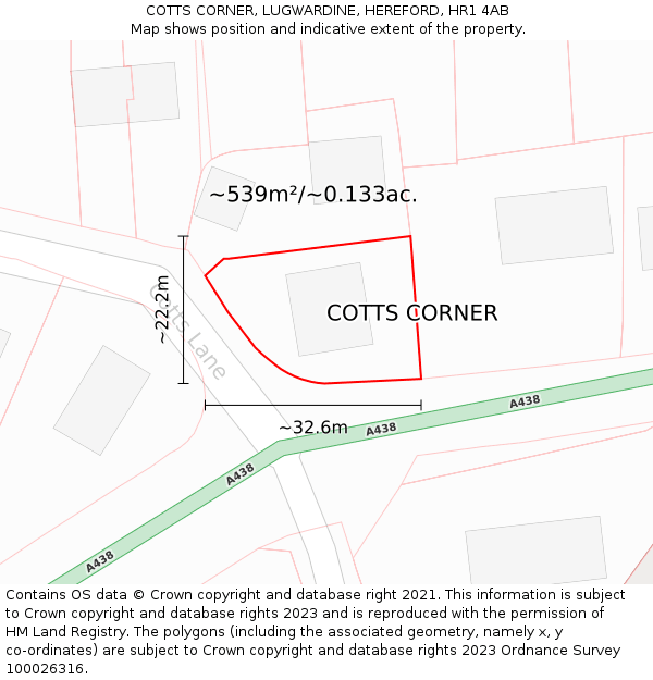 COTTS CORNER, LUGWARDINE, HEREFORD, HR1 4AB: Plot and title map
