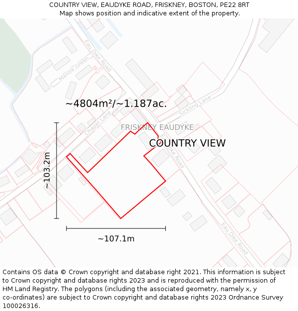COUNTRY VIEW, EAUDYKE ROAD, FRISKNEY, BOSTON, PE22 8RT: Plot and title map
